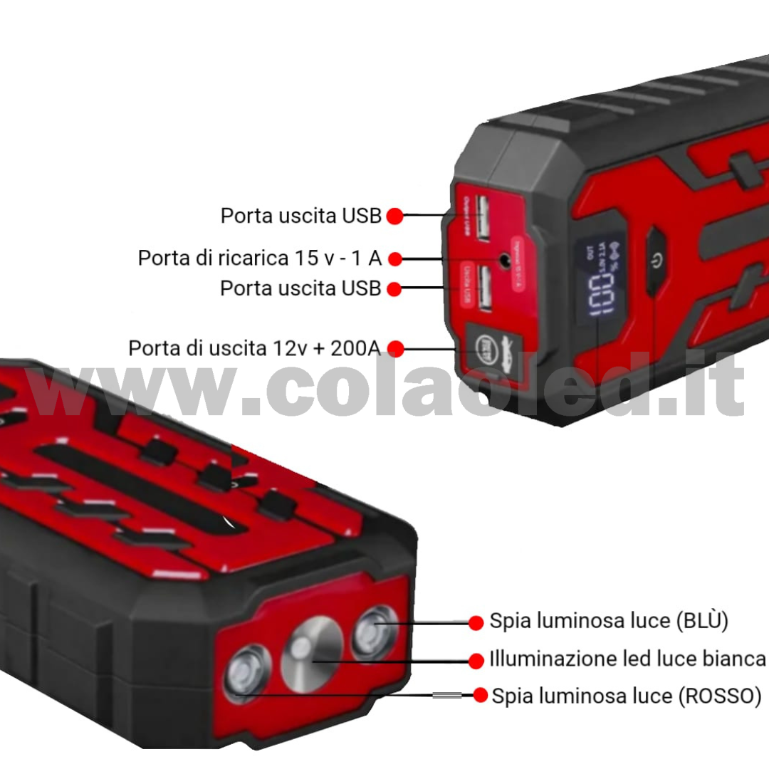 Booster Avviamento 20000mAh 12v Auto moto boosters Avviatore Emergenza con batteria a litio super potenza spunto Starter Batteria Auto Tutto Benzina Diesel con Grande Display e 2 Porte USB carica cellulare pc tablet power bank e segnalatore led emergenza e torcia senza fili portatile - immagine 3