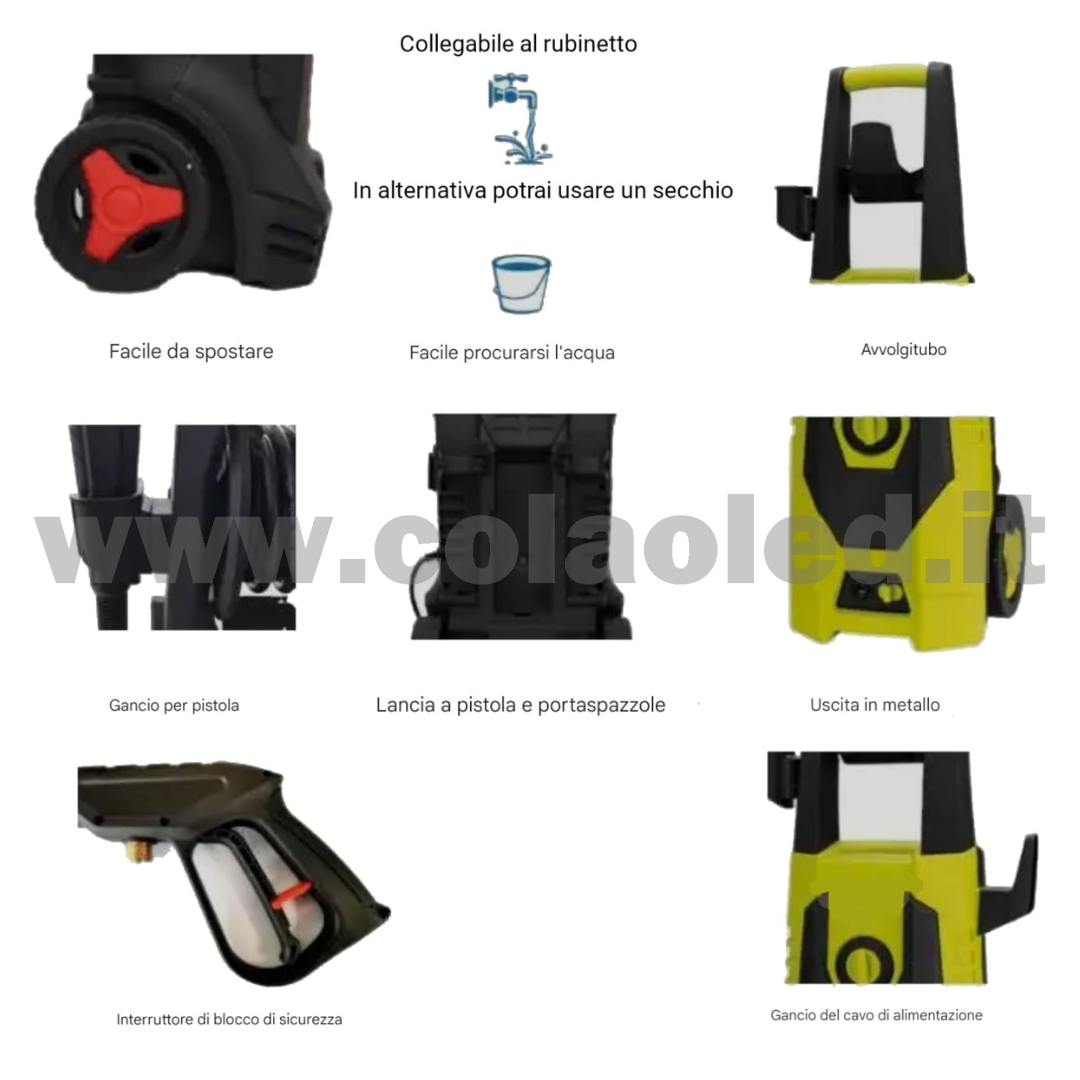 IDROPULITRICE PROFESSIONALE CON ROTELLE FACILE SPOSTAMENTO MULTIUSO A BATTERIA 220V AD AQUA ALTA PRESSIONE PER BICI VIALETTI GIARDINI AUTO MOTO CAMION CON FILI 160 BAR Portata 672 L/H 1600W - immagine 6